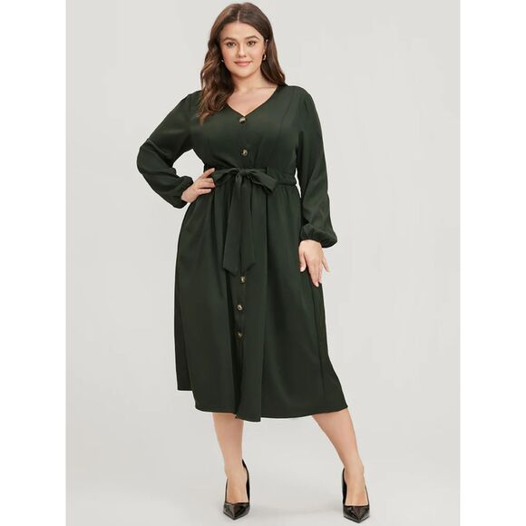 NWT Bloomchic 14-16 Solid Button Pocket Lantern Sleeve Tie Up Dress GREEN Dress - Picture 2 of 9
